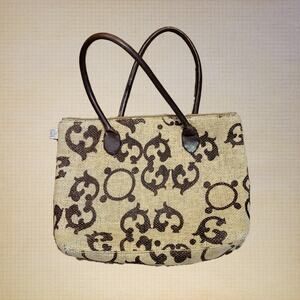 Beige Brown Woven Canvas Recycled Over The Shoulder Hand Bag